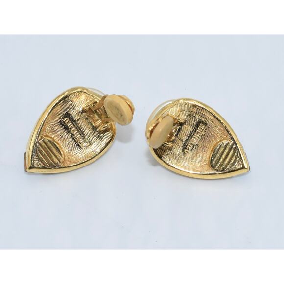 Richelieu Gold Faux Pearl Rhinestone Clip On Earrings Signed - Picture 3 of 4